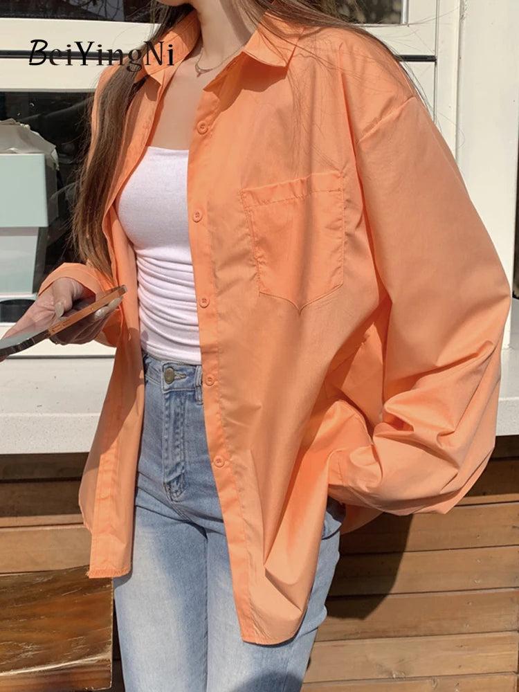 Beiyingni 2025Spring Autumn Women Shirts White Plain Loose Oversized Blouses Female Tops Loose BF Korean Style Blusas Pockets