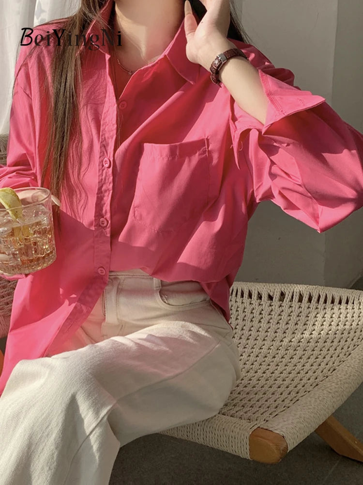 Beiyingni 2025Spring Autumn Women Shirts White Plain Loose Oversized Blouses Female Tops Loose BF Korean Style Blusas Pockets