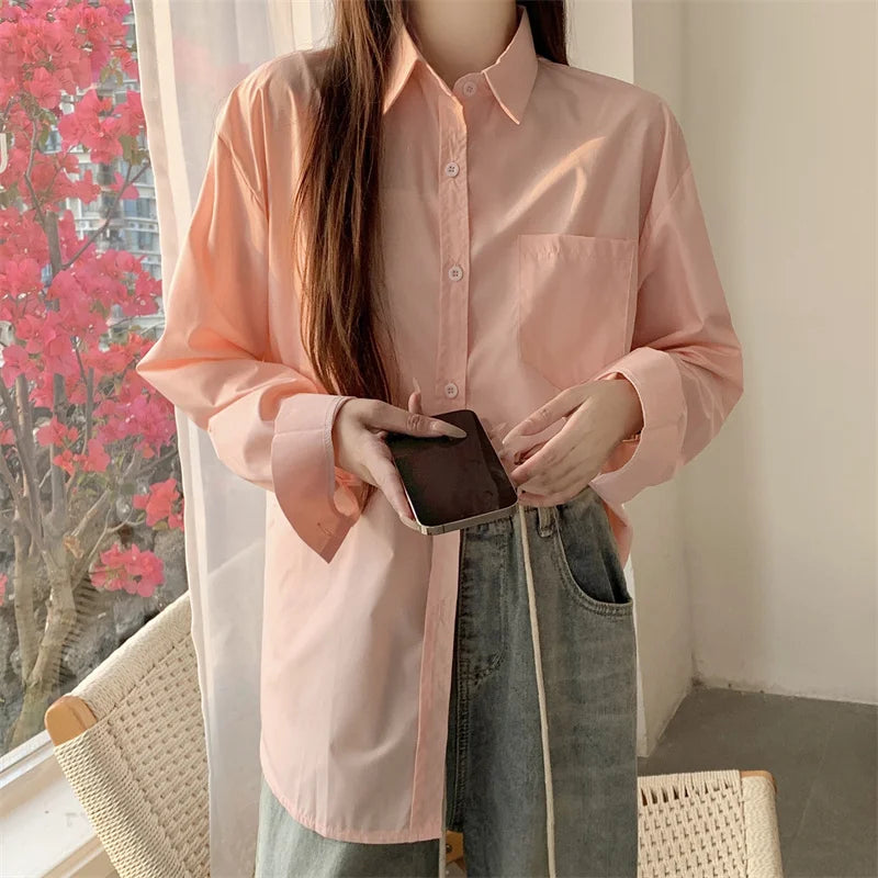 Beiyingni 2025Spring Autumn Women Shirts White Plain Loose Oversized Blouses Female Tops Loose BF Korean Style Blusas Pockets
