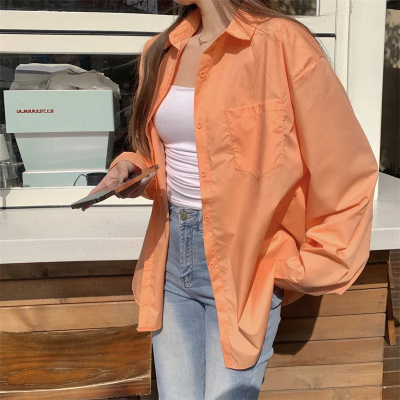 Beiyingni 2025Spring Autumn Women Shirts White Plain Loose Oversized Blouses Female Tops Loose BF Korean Style Blusas Pockets