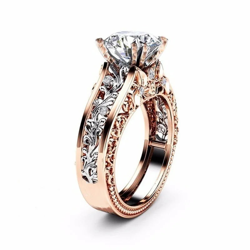 Luxury Rose Gold Couple Ring – Hollow Carved Design with Zircon Stones.