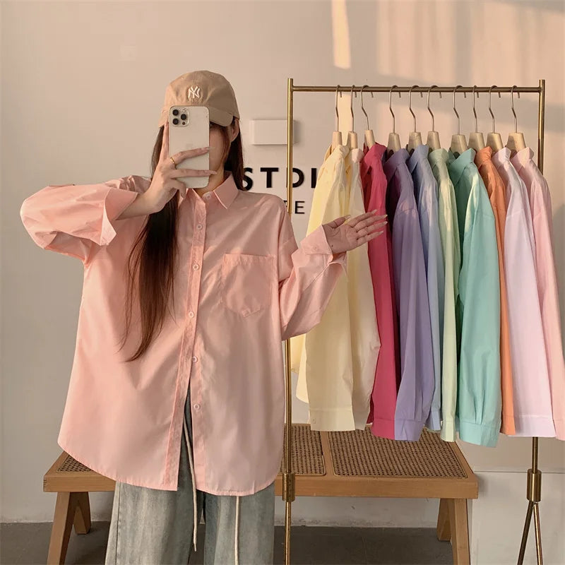 Beiyingni 2025Spring Autumn Women Shirts White Plain Loose Oversized Blouses Female Tops Loose BF Korean Style Blusas Pockets