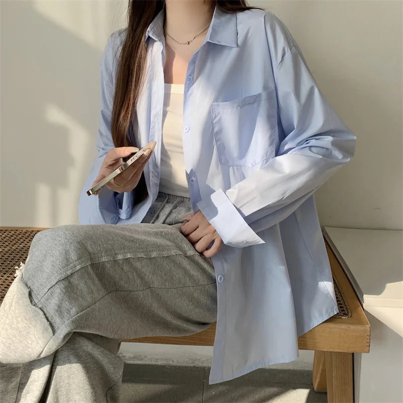 Beiyingni 2025Spring Autumn Women Shirts White Plain Loose Oversized Blouses Female Tops Loose BF Korean Style Blusas Pockets