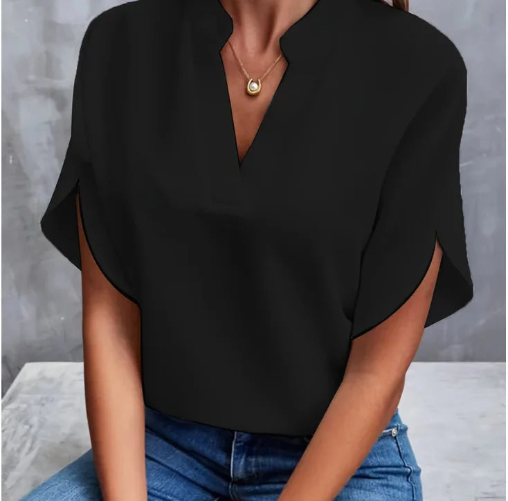 Elegant V-Neck Chiffon Blouse – Summer Casual Office Top for Women.