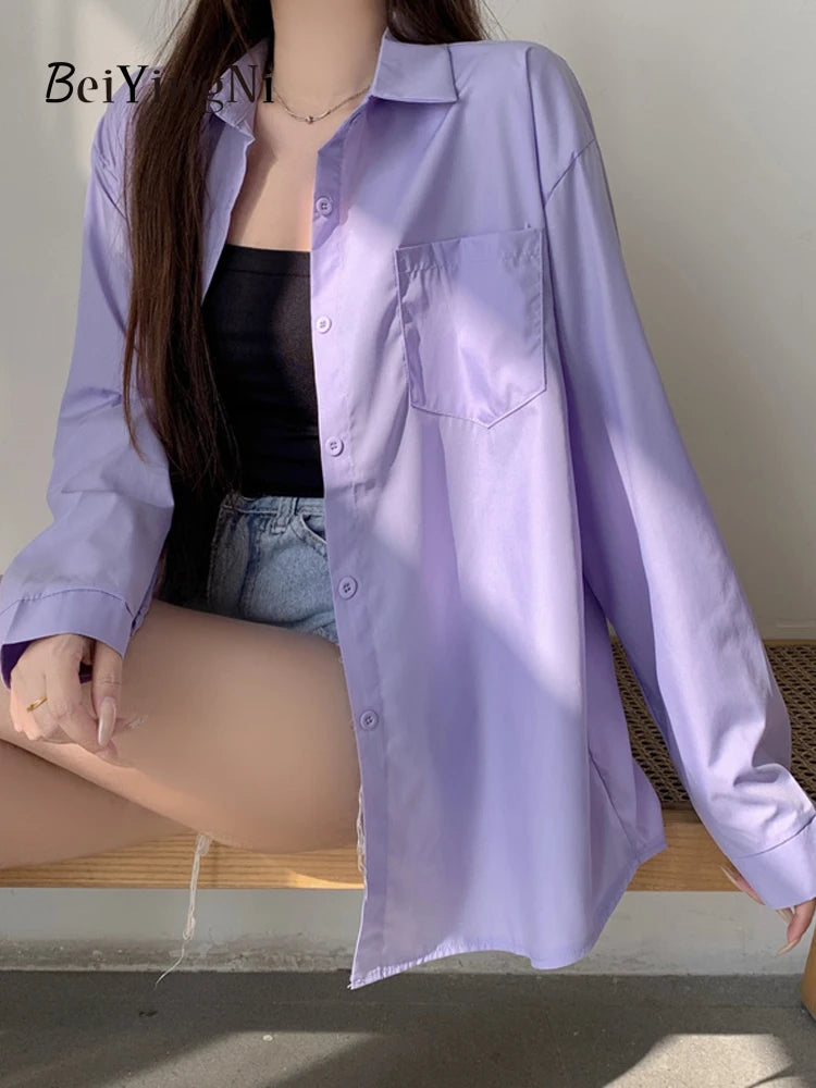 Beiyingni 2025Spring Autumn Women Shirts White Plain Loose Oversized Blouses Female Tops Loose BF Korean Style Blusas Pockets