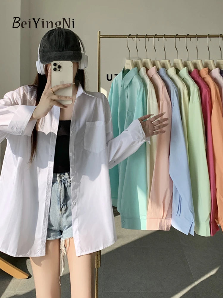 Beiyingni 2025Spring Autumn Women Shirts White Plain Loose Oversized Blouses Female Tops Loose BF Korean Style Blusas Pockets