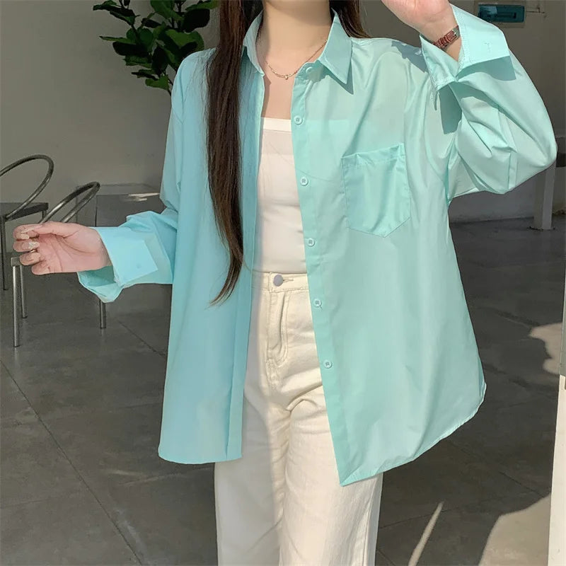 Beiyingni 2025Spring Autumn Women Shirts White Plain Loose Oversized Blouses Female Tops Loose BF Korean Style Blusas Pockets