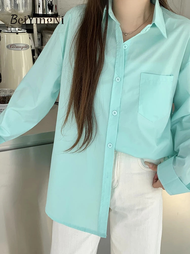 Beiyingni 2025Spring Autumn Women Shirts White Plain Loose Oversized Blouses Female Tops Loose BF Korean Style Blusas Pockets