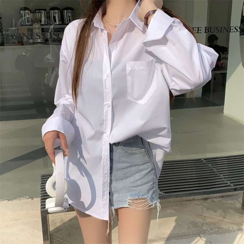 Beiyingni 2025Spring Autumn Women Shirts White Plain Loose Oversized Blouses Female Tops Loose BF Korean Style Blusas Pockets