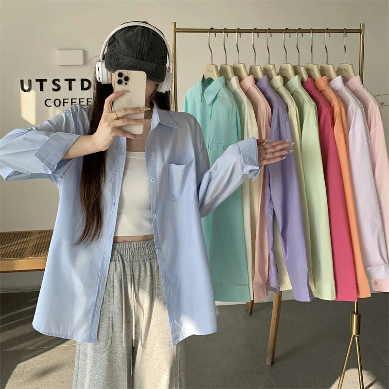 Beiyingni 2025Spring Autumn Women Shirts White Plain Loose Oversized Blouses Female Tops Loose BF Korean Style Blusas Pockets