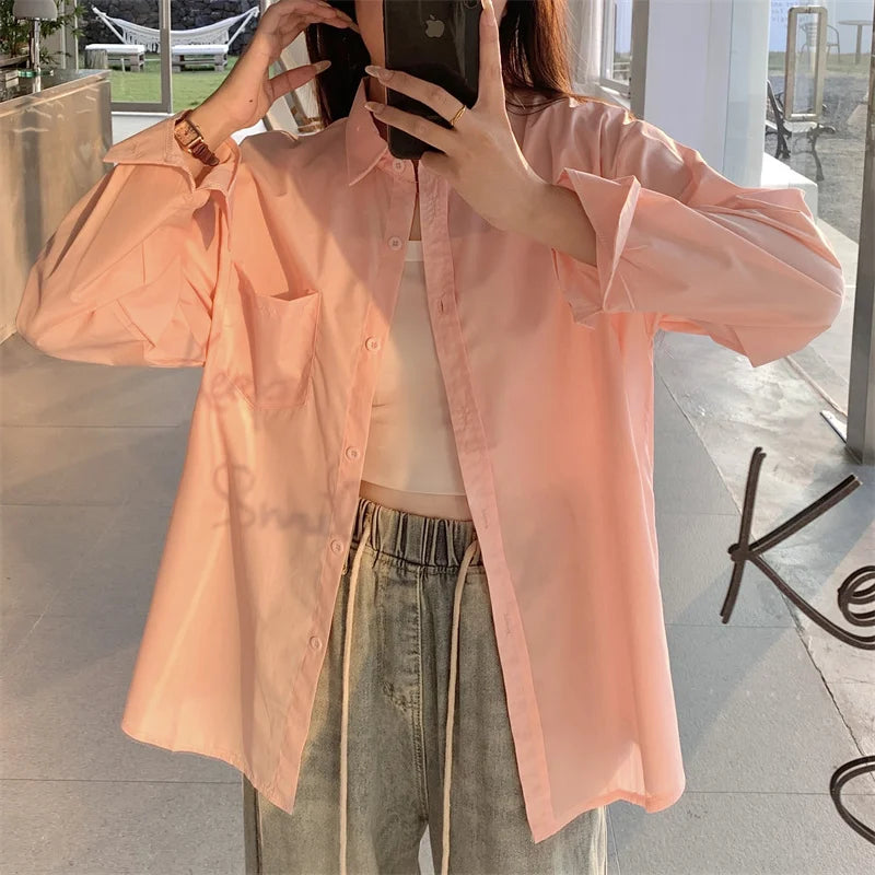 Beiyingni 2025Spring Autumn Women Shirts White Plain Loose Oversized Blouses Female Tops Loose BF Korean Style Blusas Pockets