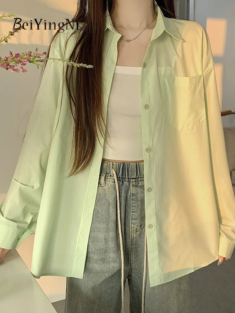 Beiyingni 2025Spring Autumn Women Shirts White Plain Loose Oversized Blouses Female Tops Loose BF Korean Style Blusas Pockets