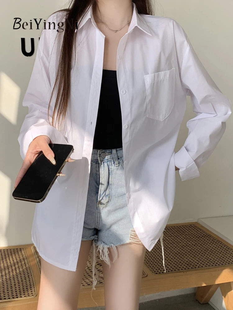 Beiyingni 2025Spring Autumn Women Shirts White Plain Loose Oversized Blouses Female Tops Loose BF Korean Style Blusas Pockets