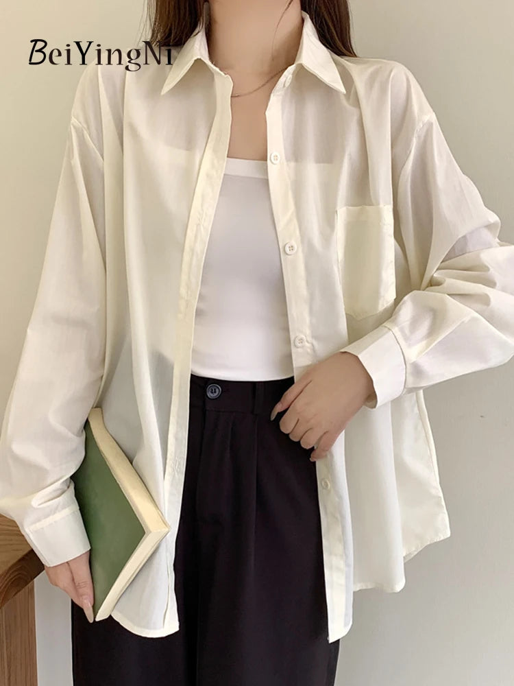 Beiyingni 2025Spring Autumn Women Shirts White Plain Loose Oversized Blouses Female Tops Loose BF Korean Style Blusas Pockets