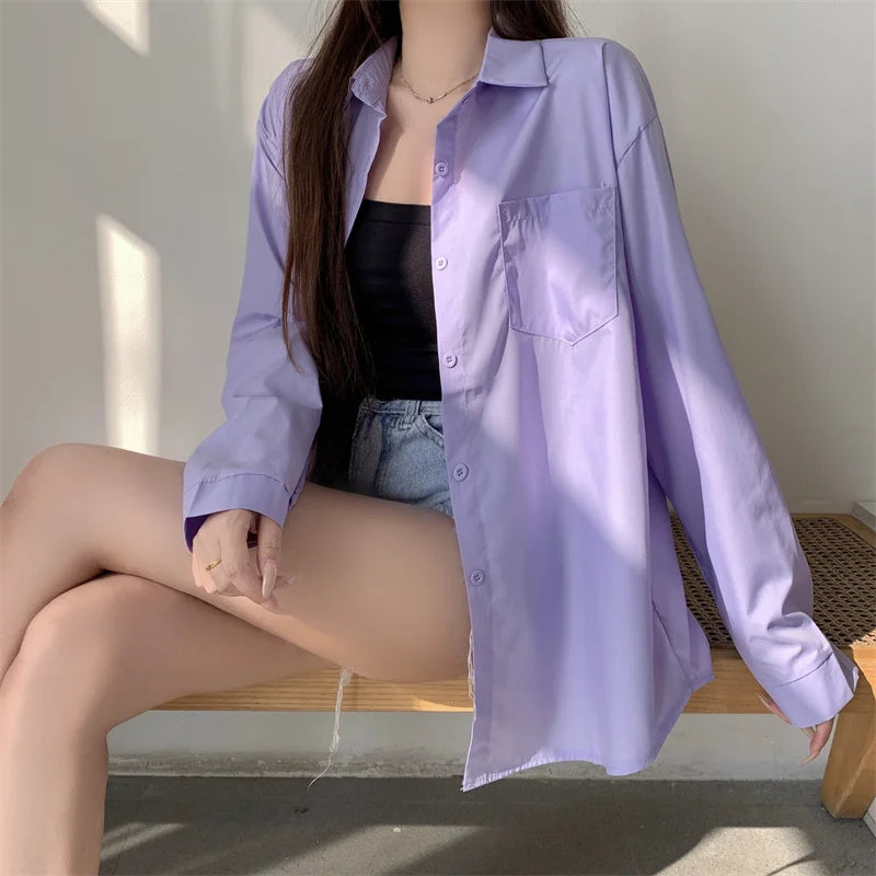 Beiyingni 2025Spring Autumn Women Shirts White Plain Loose Oversized Blouses Female Tops Loose BF Korean Style Blusas Pockets