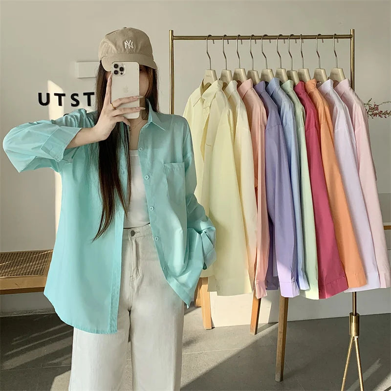 Beiyingni 2025Spring Autumn Women Shirts White Plain Loose Oversized Blouses Female Tops Loose BF Korean Style Blusas Pockets