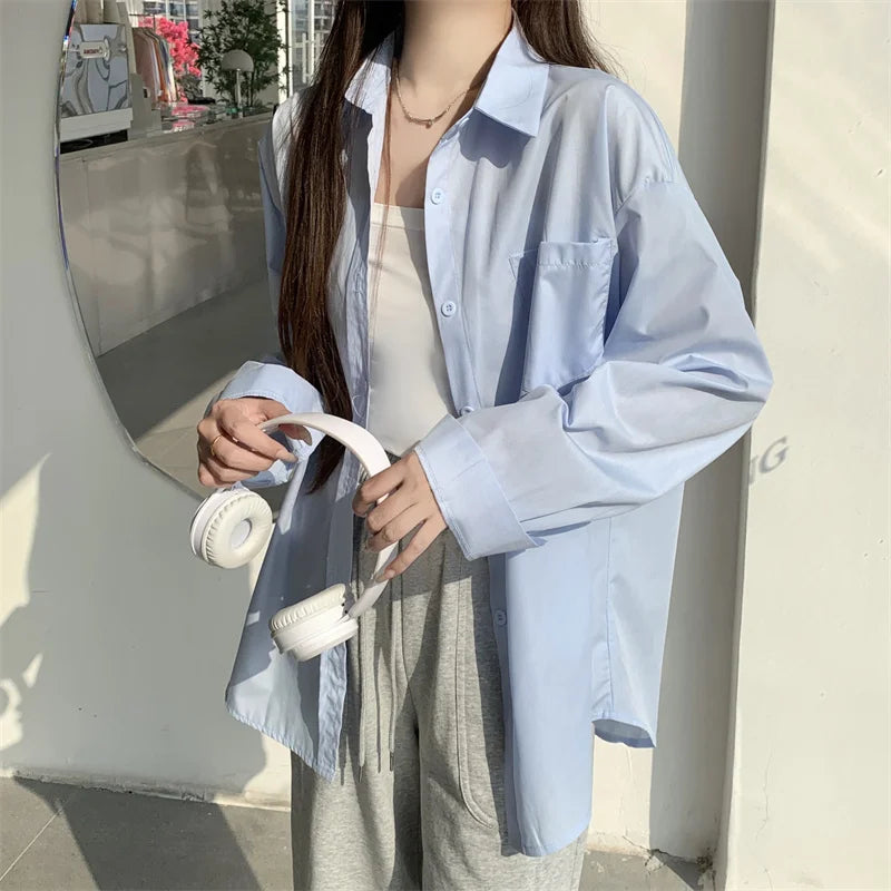 Beiyingni 2025Spring Autumn Women Shirts White Plain Loose Oversized Blouses Female Tops Loose BF Korean Style Blusas Pockets