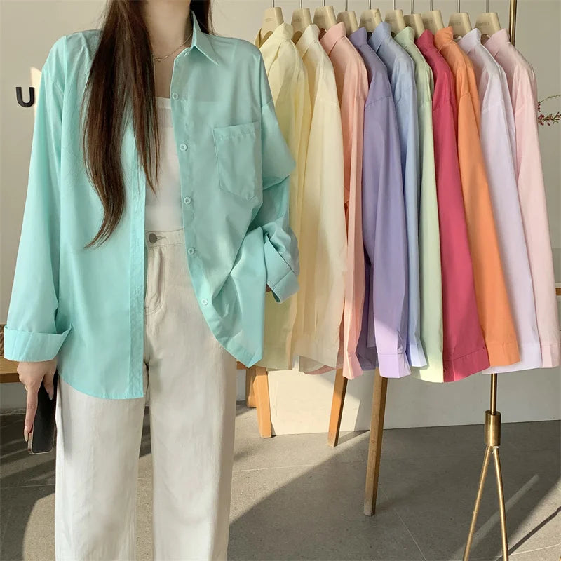 Beiyingni 2025Spring Autumn Women Shirts White Plain Loose Oversized Blouses Female Tops Loose BF Korean Style Blusas Pockets
