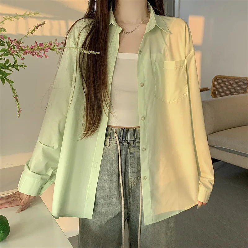 Beiyingni 2025Spring Autumn Women Shirts White Plain Loose Oversized Blouses Female Tops Loose BF Korean Style Blusas Pockets