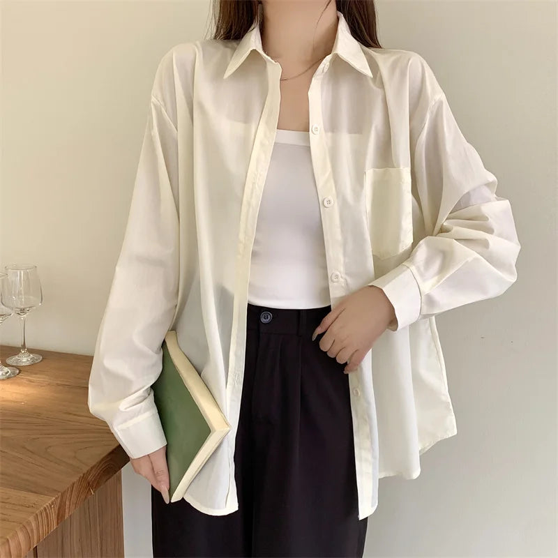 Beiyingni 2025Spring Autumn Women Shirts White Plain Loose Oversized Blouses Female Tops Loose BF Korean Style Blusas Pockets