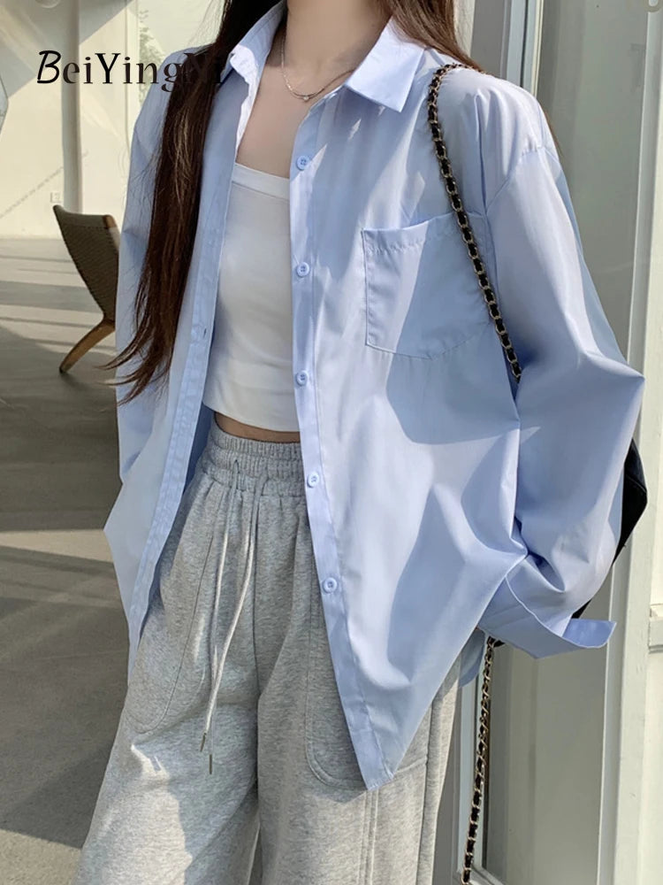 Beiyingni 2025Spring Autumn Women Shirts White Plain Loose Oversized Blouses Female Tops Loose BF Korean Style Blusas Pockets