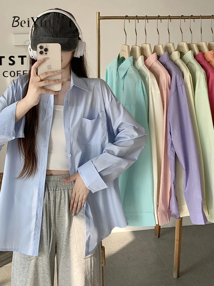 Beiyingni 2025Spring Autumn Women Shirts White Plain Loose Oversized Blouses Female Tops Loose BF Korean Style Blusas Pockets