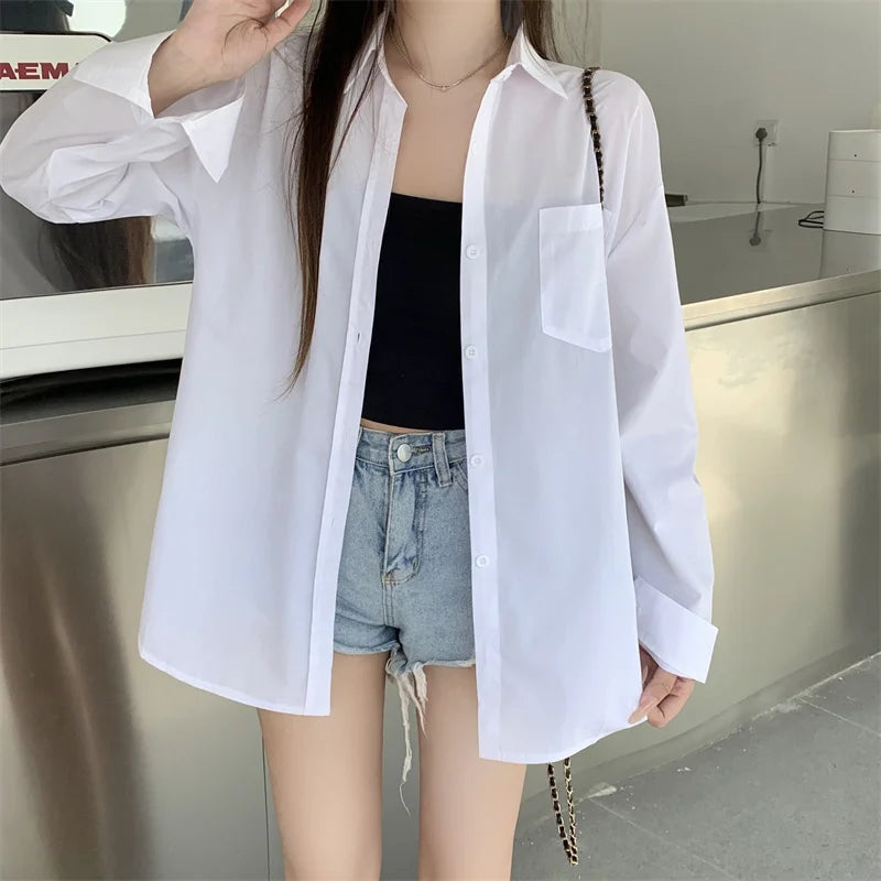 Beiyingni 2025Spring Autumn Women Shirts White Plain Loose Oversized Blouses Female Tops Loose BF Korean Style Blusas Pockets