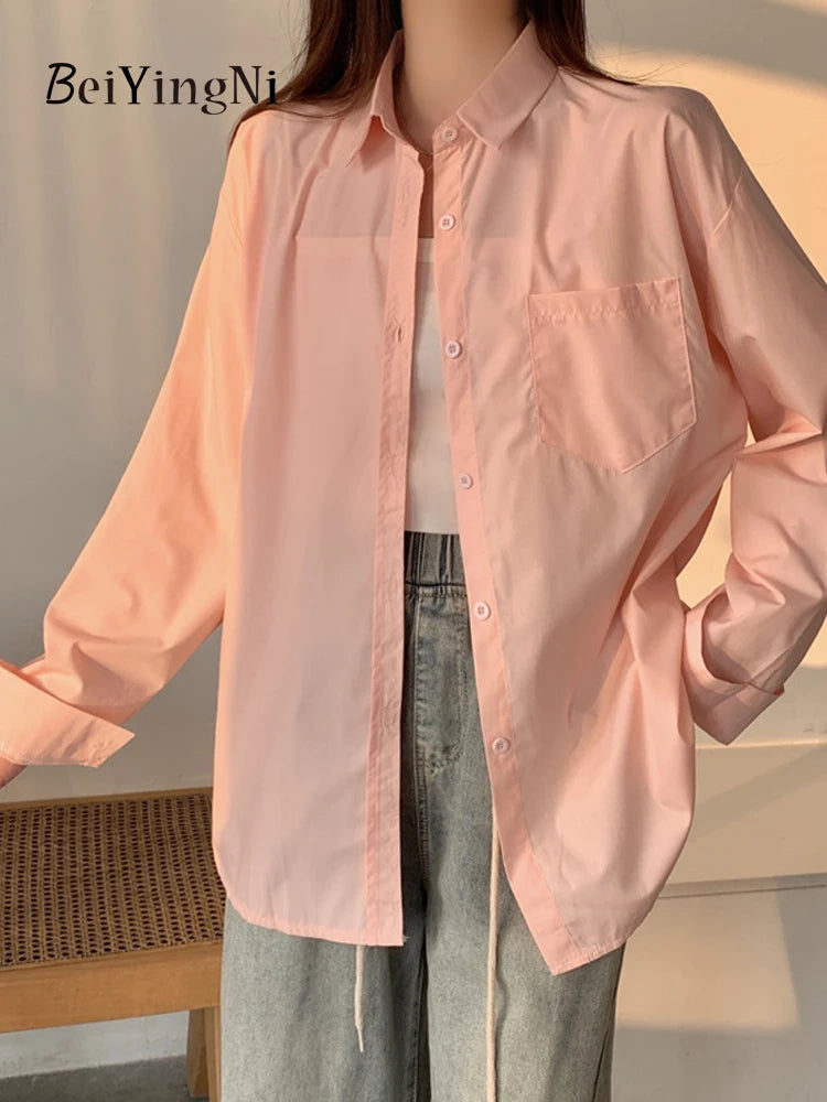 Beiyingni 2025Spring Autumn Women Shirts White Plain Loose Oversized Blouses Female Tops Loose BF Korean Style Blusas Pockets