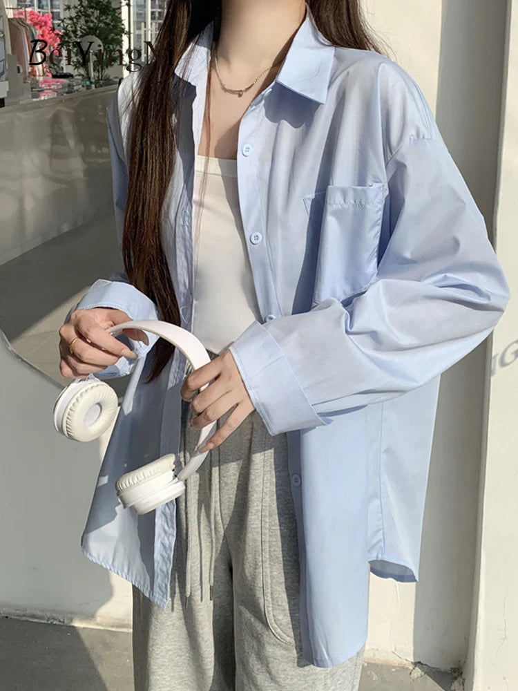 Beiyingni 2025Spring Autumn Women Shirts White Plain Loose Oversized Blouses Female Tops Loose BF Korean Style Blusas Pockets