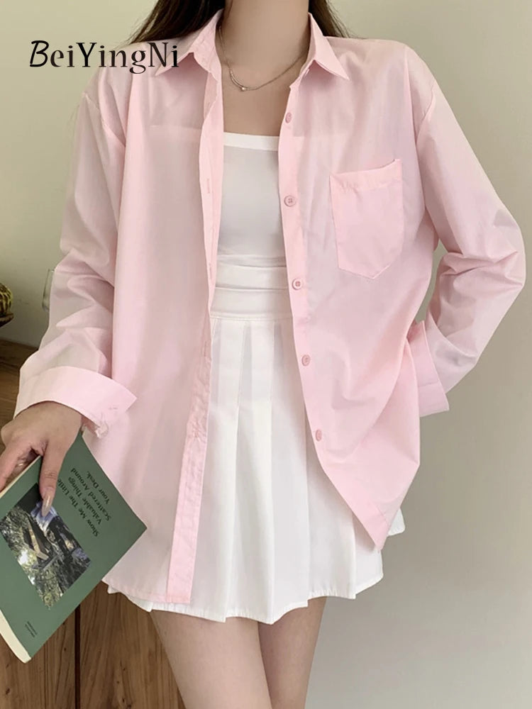 Beiyingni 2025Spring Autumn Women Shirts White Plain Loose Oversized Blouses Female Tops Loose BF Korean Style Blusas Pockets
