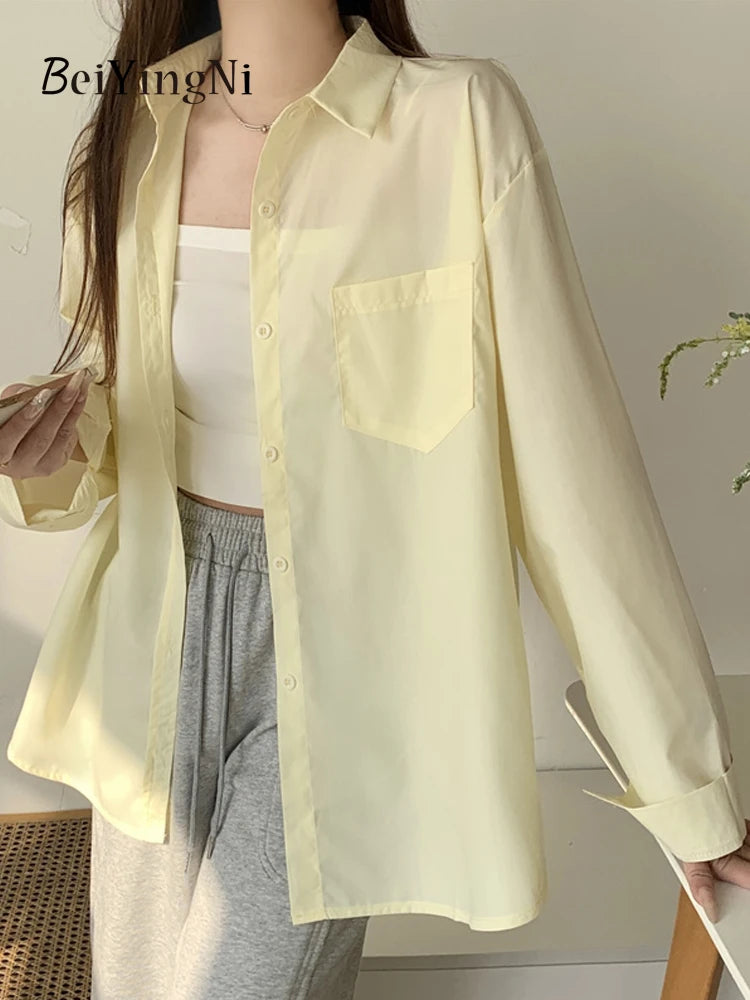 Beiyingni 2025Spring Autumn Women Shirts White Plain Loose Oversized Blouses Female Tops Loose BF Korean Style Blusas Pockets