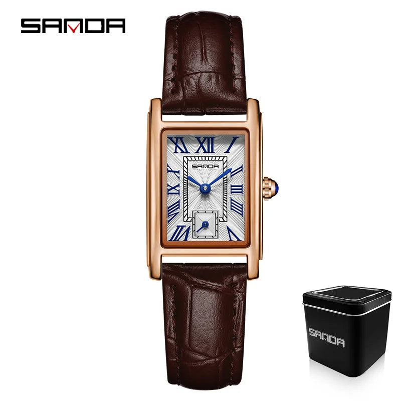 Sanda 1116 Elegant Leather Watch – Rectangle Dial Women’s Quartz Timepiece.