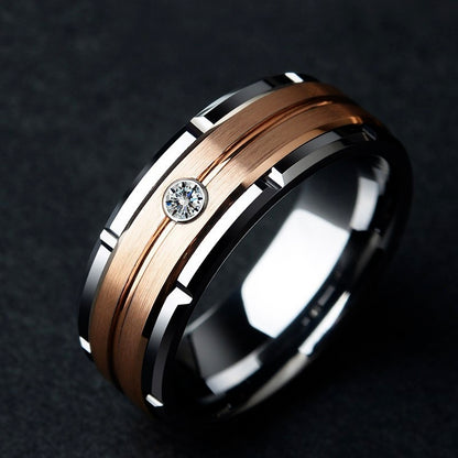 Luxury Rose Gold Couple Ring – Hollow Carved Design with Zircon Stones.
