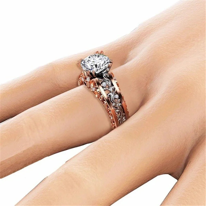 Luxury Rose Gold Couple Ring – Hollow Carved Design with Zircon Stones.