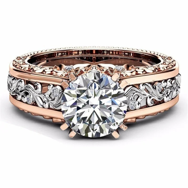 Luxury Rose Gold Couple Ring – Hollow Carved Design with Zircon Stones.