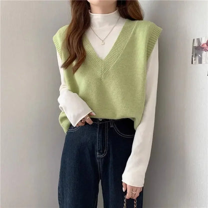 Minimalist Women’s V-Neck Knit Vest – Cozy Korean Aesthetic.