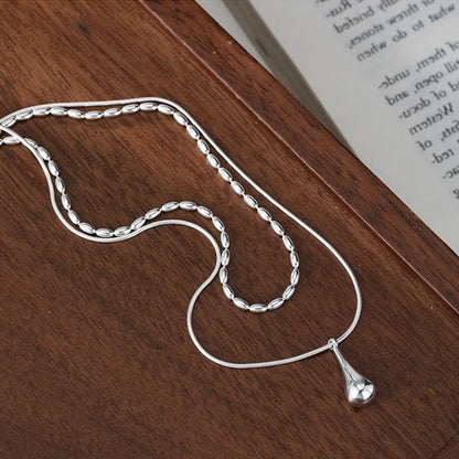 925 Sterling Silver Double-Layer Necklace – Minimalist Rice Droplet Pendant.