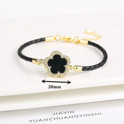 Five-Leaf Flower Natural Stone Bracelet – Chic Woven Leather Jewelry for Women.