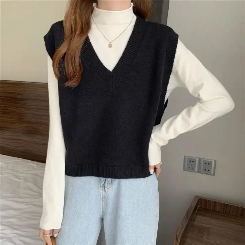 Minimalist Women’s V-Neck Knit Vest – Cozy Korean Aesthetic.