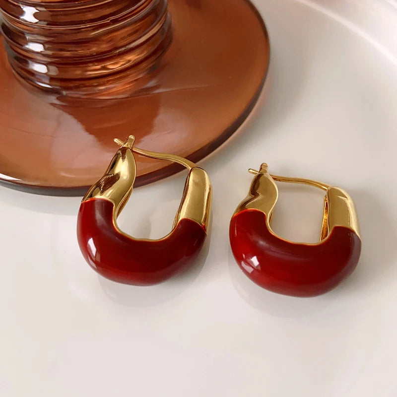 18K Gold Colorful Enamel Hoop Earrings – Korean Trend Style.