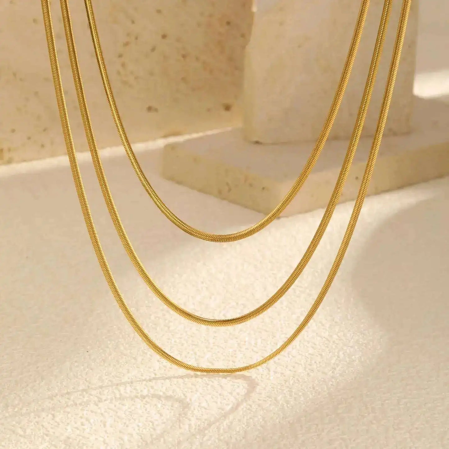 Waterproof Gold Layered Necklace – Stainless Steel Triple Snake Chain Choker for Women.