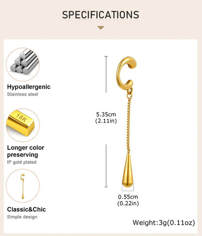 C-Shaped Teardrop Tassel Ear Cuff – No Piercing Clip Earrings for Women.