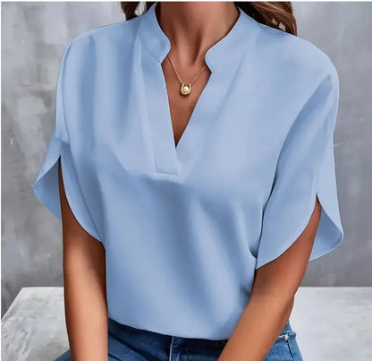 Elegant V-Neck Chiffon Blouse – Summer Casual Office Top for Women.