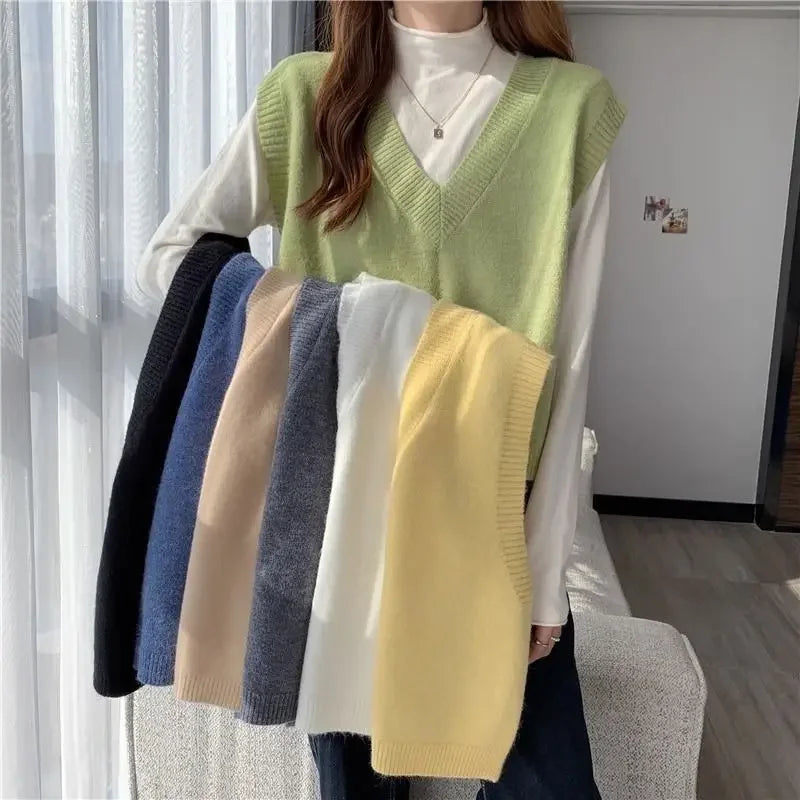 Minimalist Women’s V-Neck Knit Vest – Cozy Korean Aesthetic.