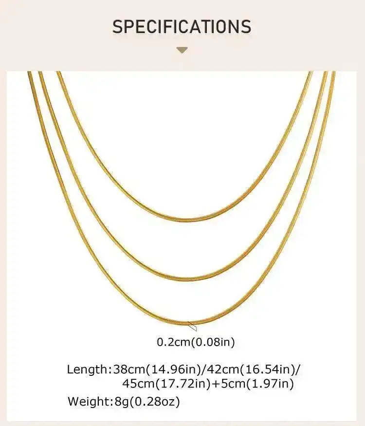 Waterproof Gold Layered Necklace – Stainless Steel Triple Snake Chain Choker for Women.