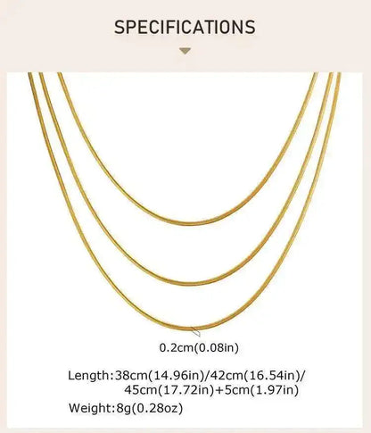 Waterproof Gold Layered Necklace – Stainless Steel Triple Snake Chain Choker for Women.