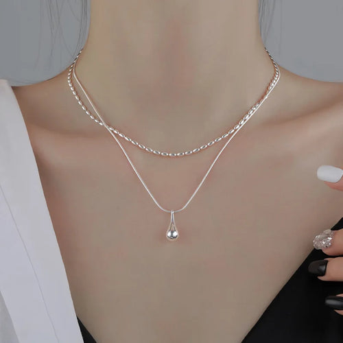 925 Sterling Silver Double-Layer Necklace – Minimalist Rice Droplet Pendant.