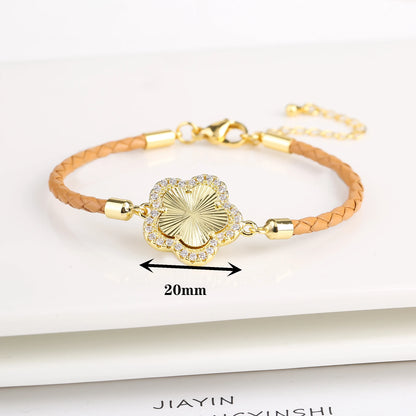 Five-Leaf Flower Natural Stone Bracelet – Chic Woven Leather Jewelry for Women.