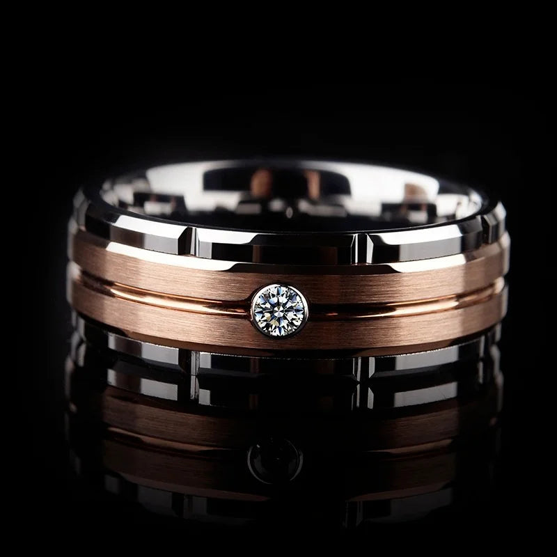 Luxury Rose Gold Couple Ring – Hollow Carved Design with Zircon Stones.