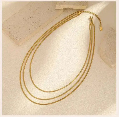 Waterproof Gold Layered Necklace – Stainless Steel Triple Snake Chain Choker for Women.